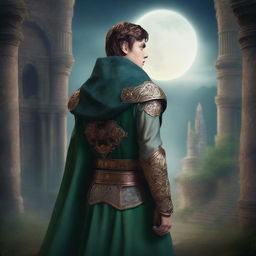 A young man as a rebel leader in a fantasy medieval world, seen from the back