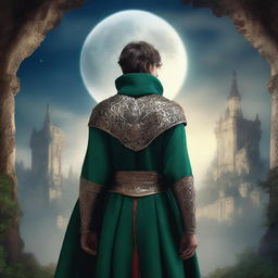 A young man as a rebel leader in a fantasy medieval world, seen from the back