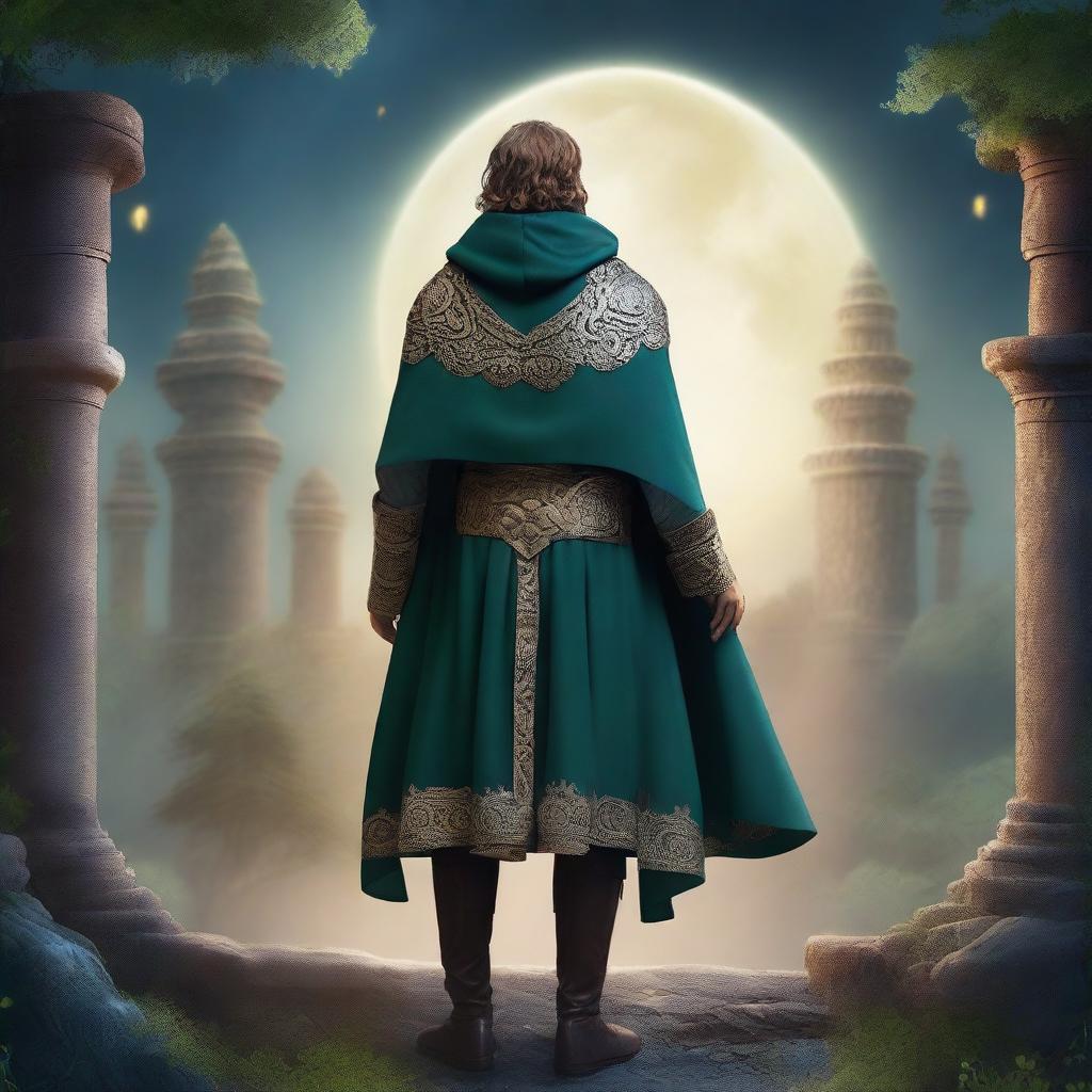 A young man as a rebel leader in a fantasy medieval world, seen from the back