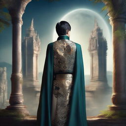 An Asian young man as a rebel leader in a fantasy medieval world, seen from the back