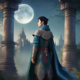 An Asian young man as a rebel leader in a fantasy medieval world, seen from the back