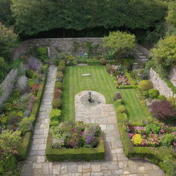 An aerial view of a 6m x 7m garden, surrounded by stone walls. The garden is lush with vibrant flowers, neatly trimmed bushes, a small ornamental fountain, and a few garden benches.