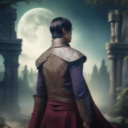 An Asian young man as a rebel leader in a fantasy medieval world, seen from the back