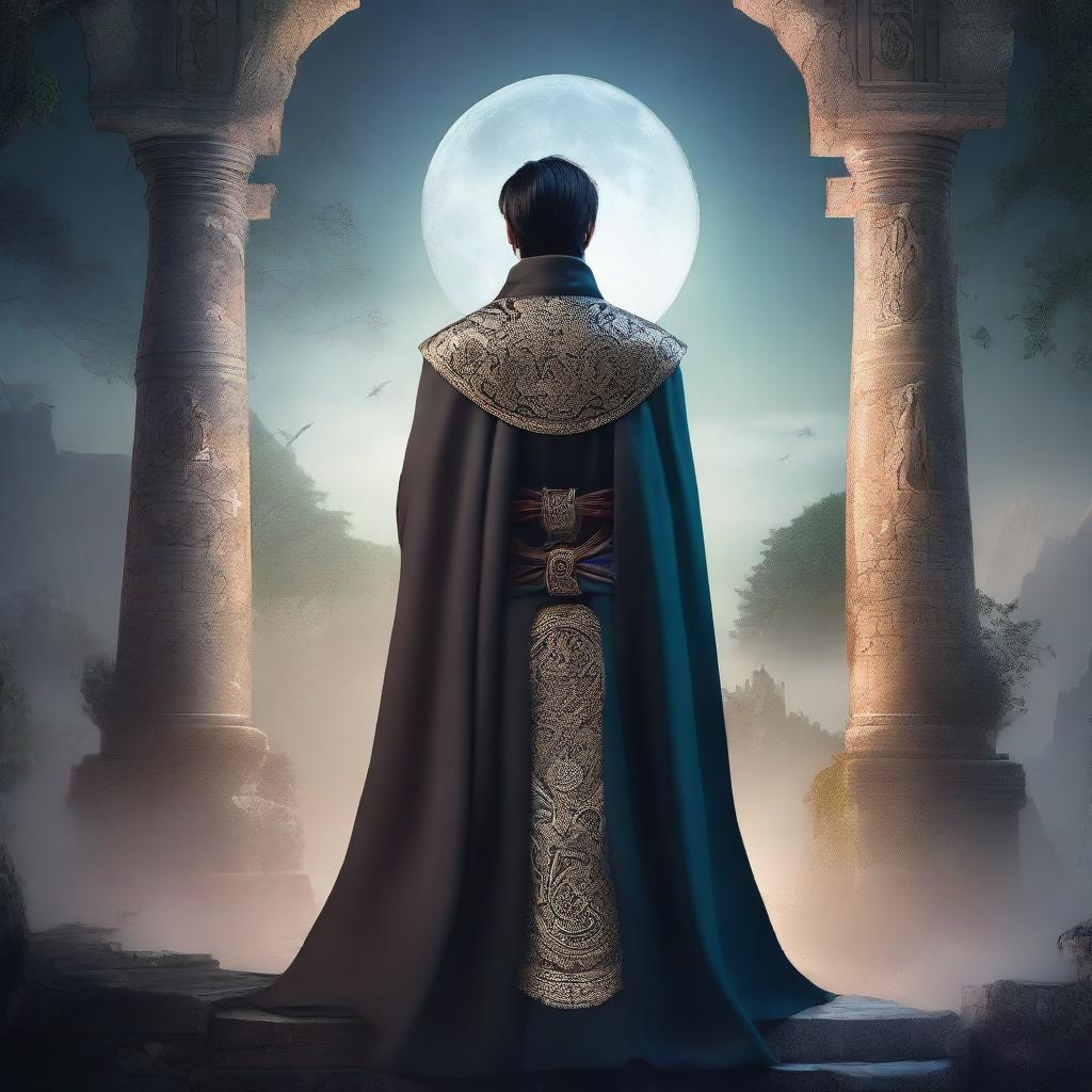 An Asian young man as a rebel leader in a fantasy medieval world, seen from the back