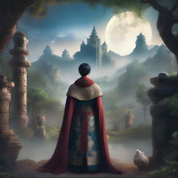 An Asian young man as a rebel leader in a fantasy medieval world, seen from the back