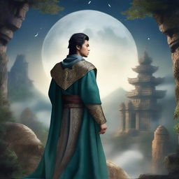 An Asian young man as a rebel leader in a fantasy medieval world, seen from the back