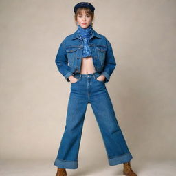 An imaginative male femboy fashion idea for a denim challenge, showcasing a pair of cropped, high-waisted flared denim trousers, a vintage-inspired cropped denim jacket, ankle-length denim boots, accessorized with a denim bandana tied as a neck scarf.