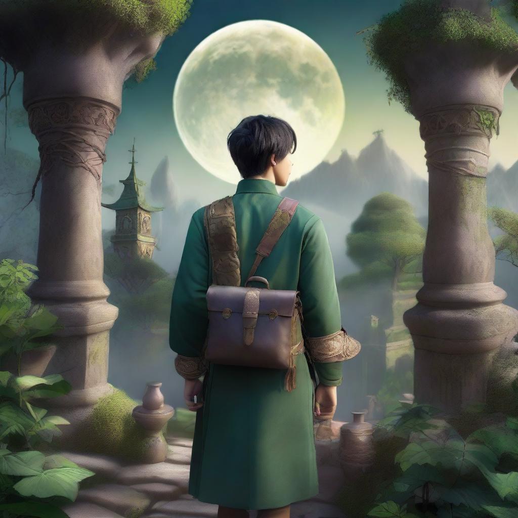 An Asian young man as a traveler apothecary in a fantasy medieval world, seen from the back