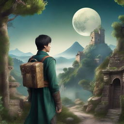 An Asian young man as a traveler apothecary in a fantasy medieval world, seen from the back