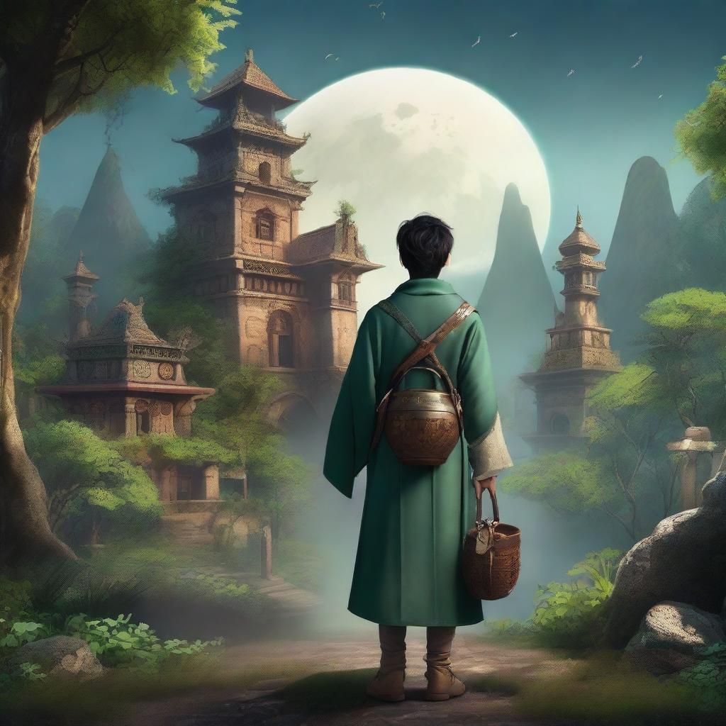 An Asian young man as a traveler apothecary in a fantasy medieval world, seen from the back