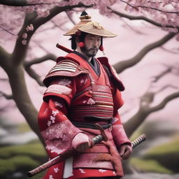 A detailed image of a traditional samurai warrior dressed in red ornate armor with white patterns, holding a katana, standing in a tranquil Japanese garden with cherry blossom trees in full bloom