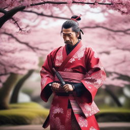 A detailed image of a traditional samurai warrior dressed in red ornate armor with white patterns, holding a katana, standing in a tranquil Japanese garden with cherry blossom trees in full bloom