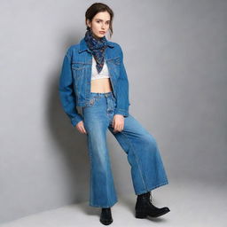 An imaginative male femboy fashion idea for a denim challenge, showcasing a pair of cropped, high-waisted flared denim trousers, a vintage-inspired cropped denim jacket, ankle-length denim boots, accessorized with a denim bandana tied as a neck scarf.