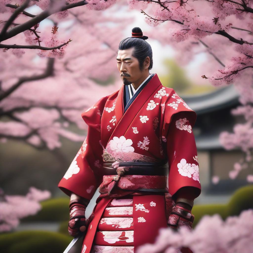 A detailed image of a traditional samurai warrior dressed in red ornate armor with white patterns, holding a katana, standing in a tranquil Japanese garden with cherry blossom trees in full bloom