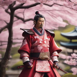 A detailed image of a traditional samurai warrior dressed in red ornate armor with white patterns, holding a katana, standing in a tranquil Japanese garden with cherry blossom trees in full bloom