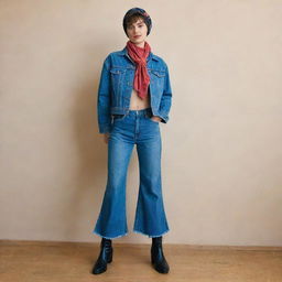 An imaginative male femboy fashion idea for a denim challenge, showcasing a pair of cropped, high-waisted flared denim trousers, a vintage-inspired cropped denim jacket, ankle-length denim boots, accessorized with a denim bandana tied as a neck scarf.