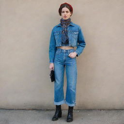 An imaginative male femboy fashion idea for a denim challenge, showcasing a pair of cropped, high-waisted flared denim trousers, a vintage-inspired cropped denim jacket, ankle-length denim boots, accessorized with a denim bandana tied as a neck scarf.