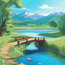 Generate an image featuring a serene landscape with a clear blue sky, rolling green hills, and a sparkling river flowing through the middle