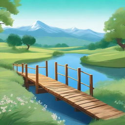 Generate an image featuring a serene landscape with a clear blue sky, rolling green hills, and a sparkling river flowing through the middle