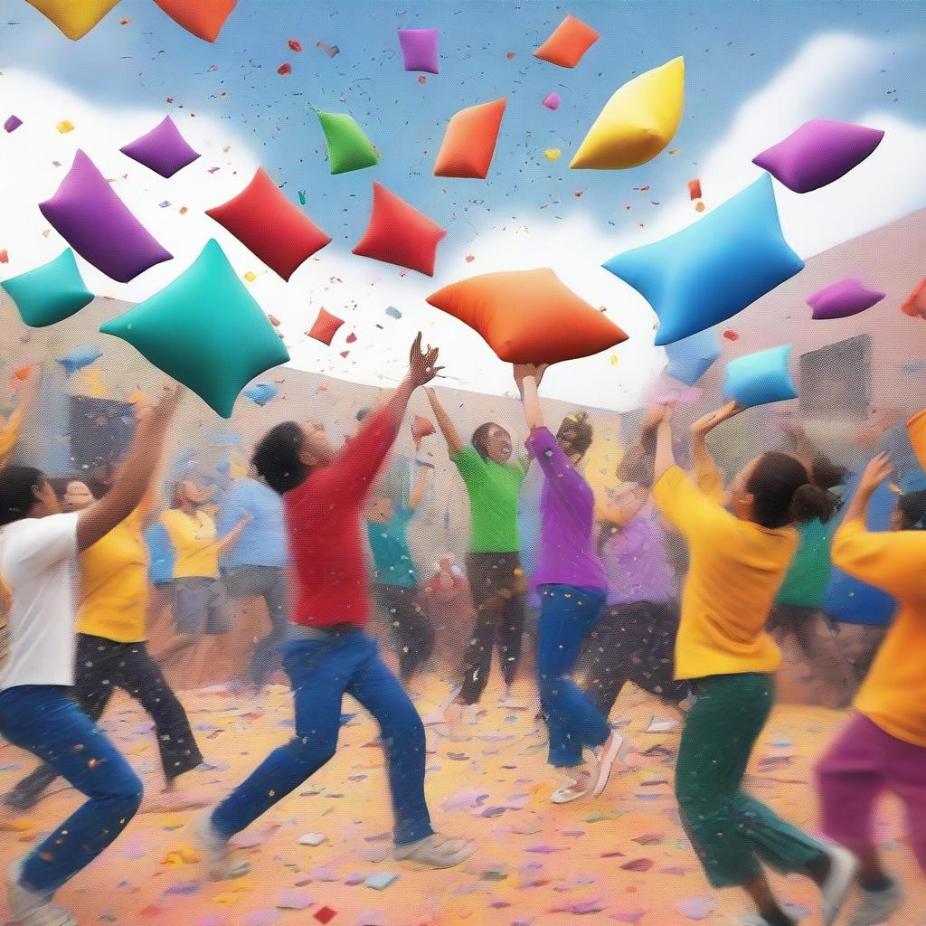 A whimsical scene of a pillow fight with pillows raining down from the sky