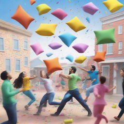 A whimsical scene of a pillow fight with pillows raining down from the sky