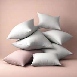 A simple and clean scene of pillows falling against a plain background