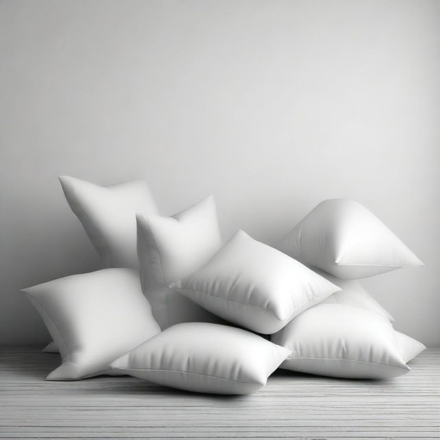 A simple and clean scene of pillows falling against a plain background