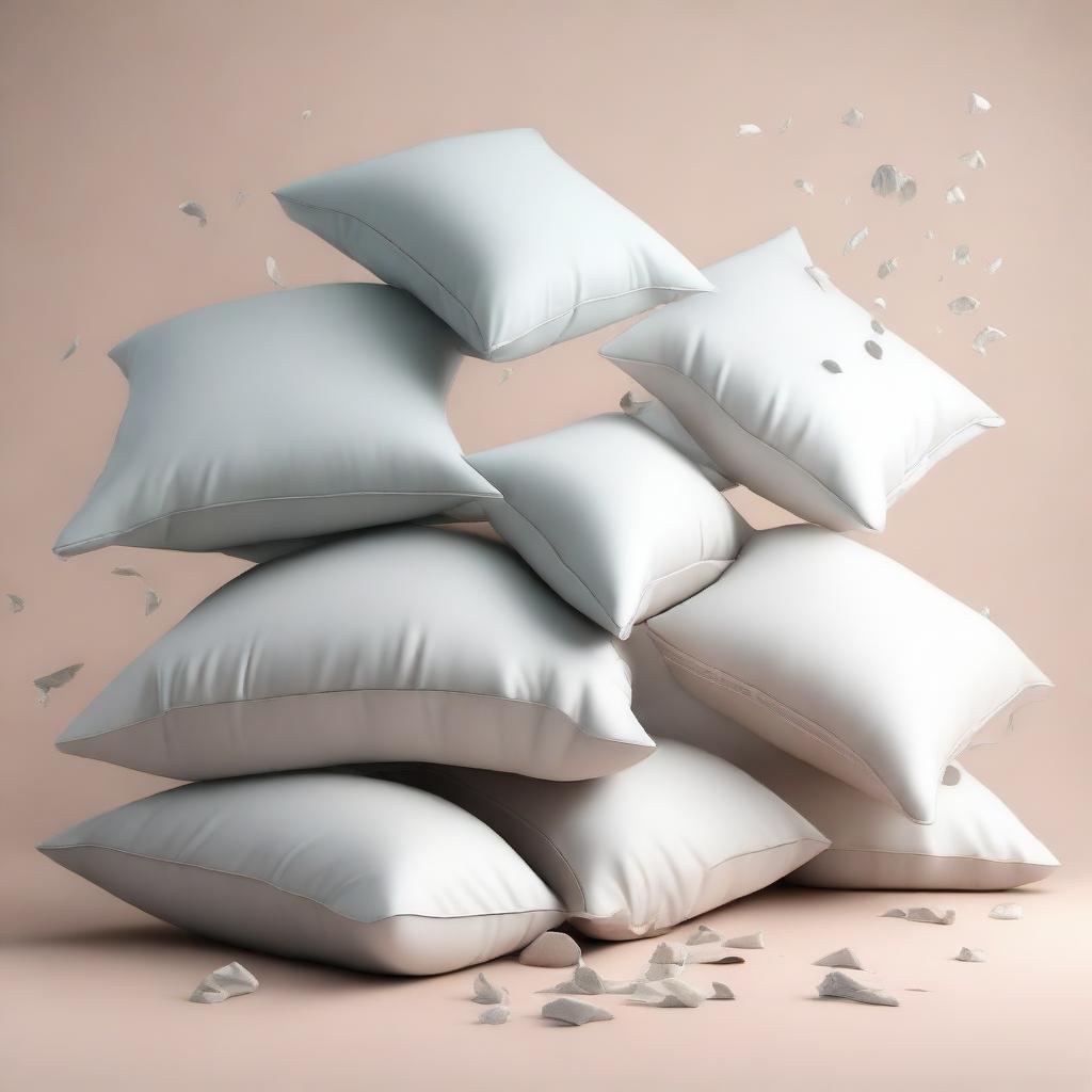 A minimalist scene of pillows and sheets falling against a plain background