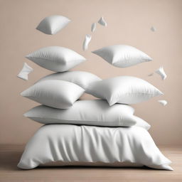 A minimalist scene of pillows and sheets falling against a plain background