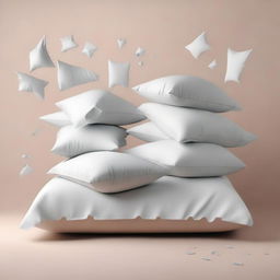 A minimalist scene of pillows and sheets falling against a plain background