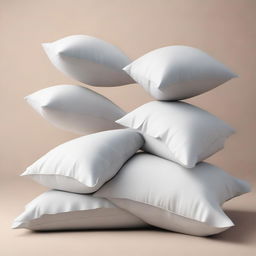 A minimalist scene of pillows and sheets falling against a plain background