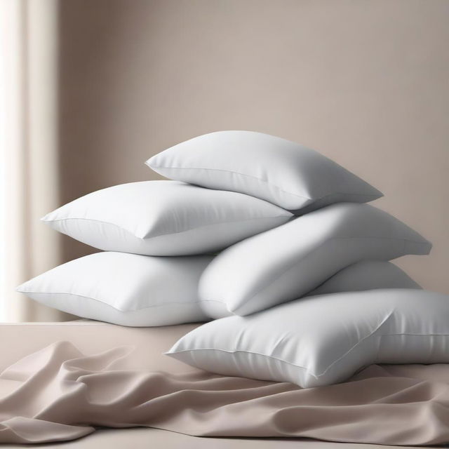 A serene scene of pillows and sheets falling against a plain background