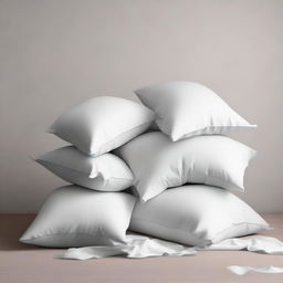 A serene scene of pillows and sheets falling against a plain background