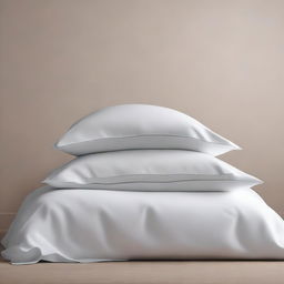 A serene scene of pillows and sheets falling against a plain background