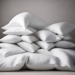 A tranquil scene of pillows and an abundance of sheets falling against a plain background