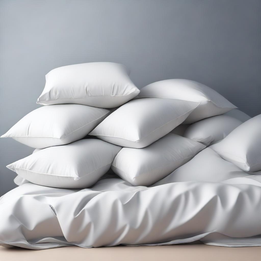 A tranquil scene of pillows and an abundance of sheets falling against a plain background