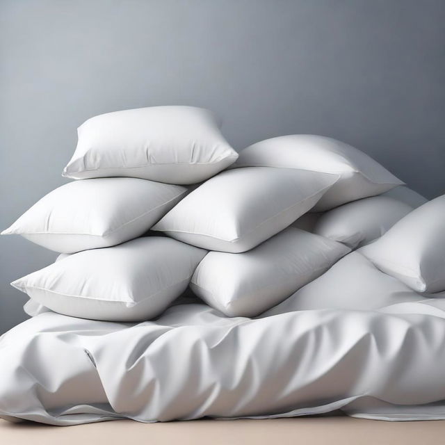 A tranquil scene of pillows and an abundance of sheets falling against a plain background