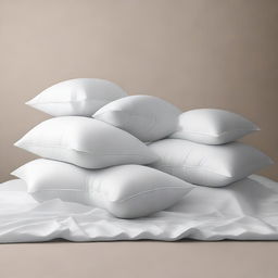 A tranquil scene of pillows and an abundance of sheets falling against a plain background