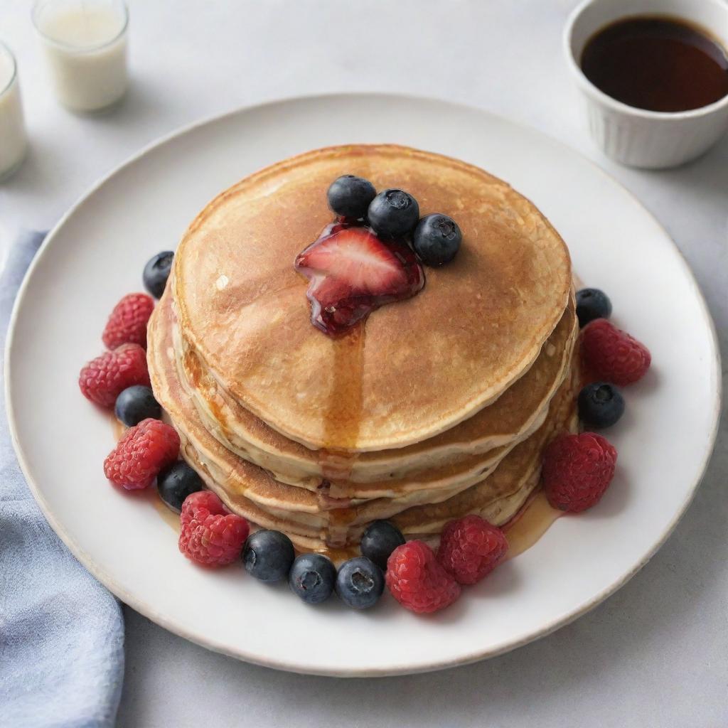 A freshly cooked pancake on a clean white plate, topped with fresh berries and syrup, with a crisp 100 dollar bill beside it for size comparison.