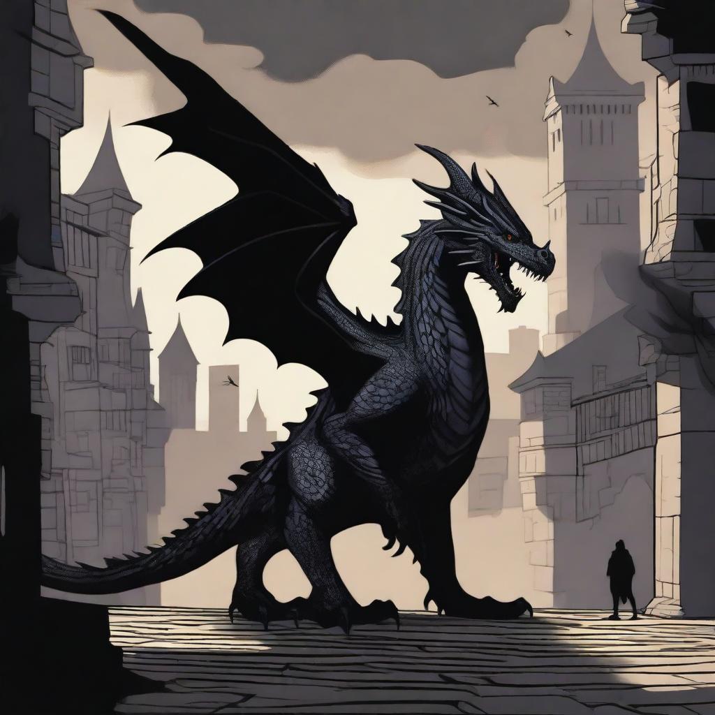 A fantasy illustration of a black formless dragon made of shadows, rampaging through a medieval town