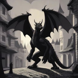 A fantasy illustration of a black formless dragon made of shadows, rampaging through a medieval town