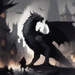 A fantasy illustration of a black formless dragon made of shadows, rampaging through a medieval town