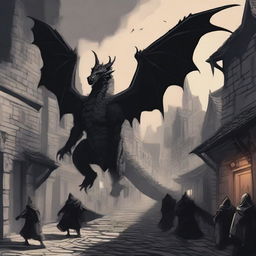 A fantasy illustration of a black formless dragon made of shadows, rampaging through a medieval town