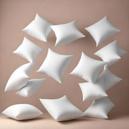 A minimalist scene of white pillows falling against a plain background