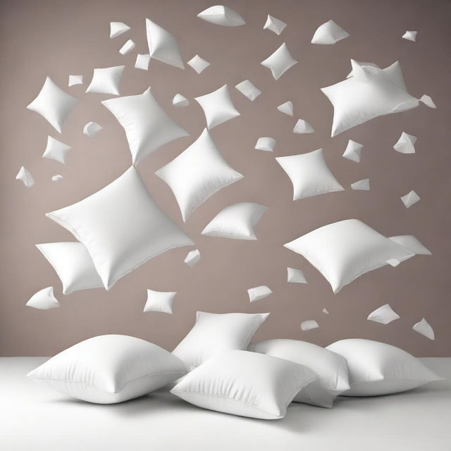 A minimalist scene of white pillows falling against a plain background