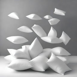 A minimalist scene of white pillows falling against a plain background