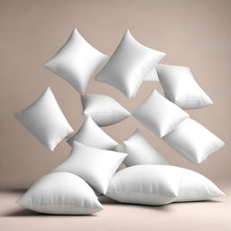 A minimalist scene of white pillows falling against a plain background