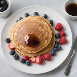 A freshly cooked pancake on a clean white plate, topped with fresh berries and syrup, with a crisp 100 dollar bill beside it for size comparison.