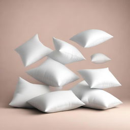 A minimalist scene of a few white pillows falling against a plain background