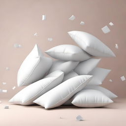 A minimalist scene of a few white pillows falling against a plain background